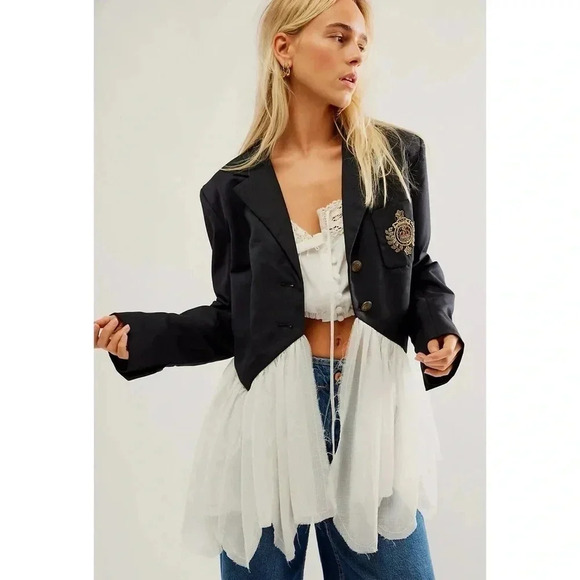 NWT Free People Ballet School Blazer Jacket Ruffle Embroidered Collared Medium - Picture 1 of 15